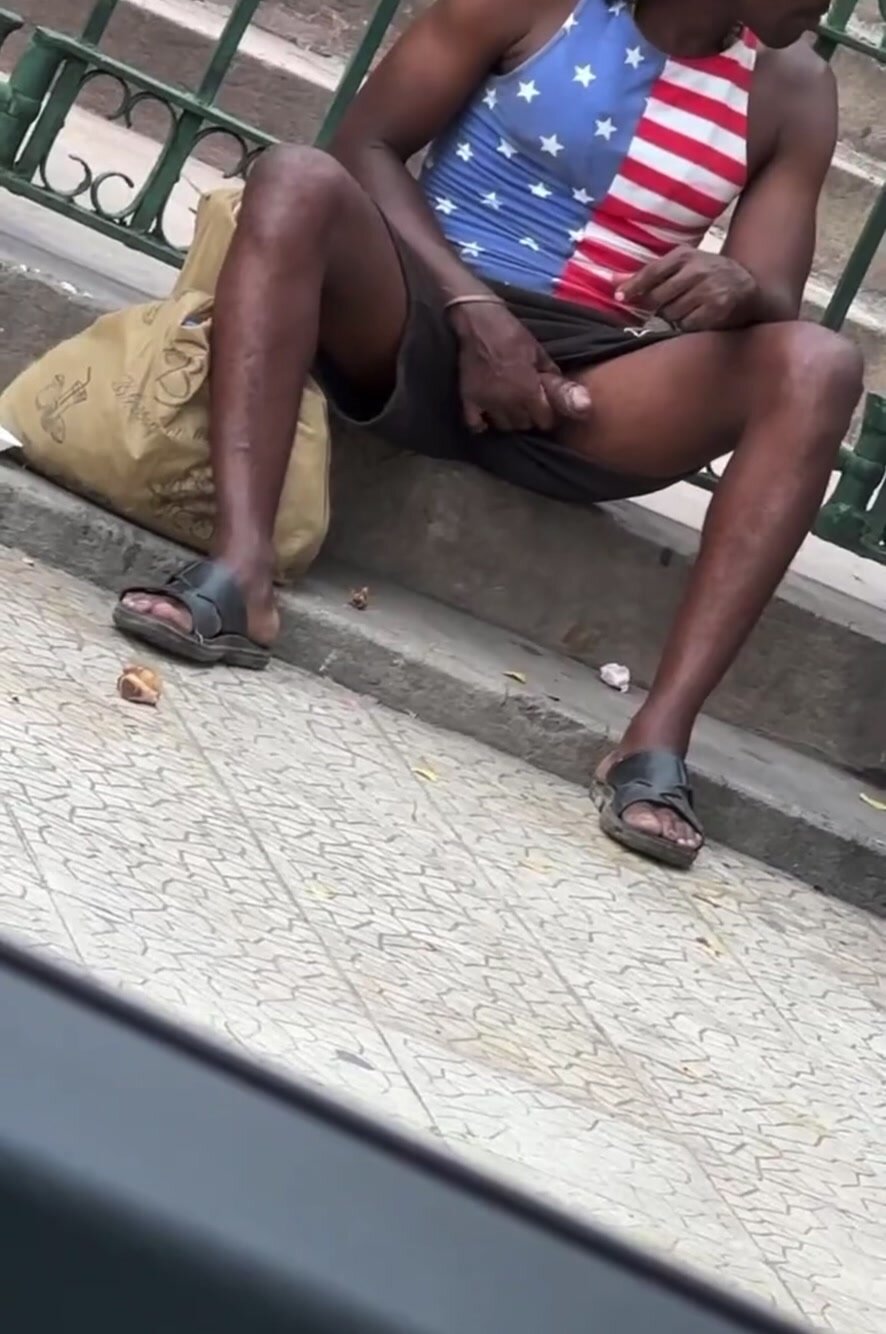 Horny homeless Jamaican wanking in public