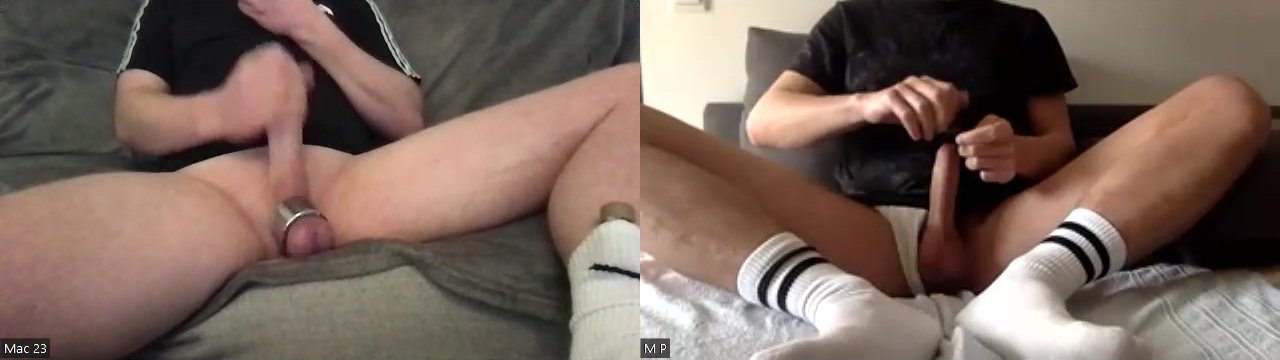 Black t-shirt, white socks, and poppers