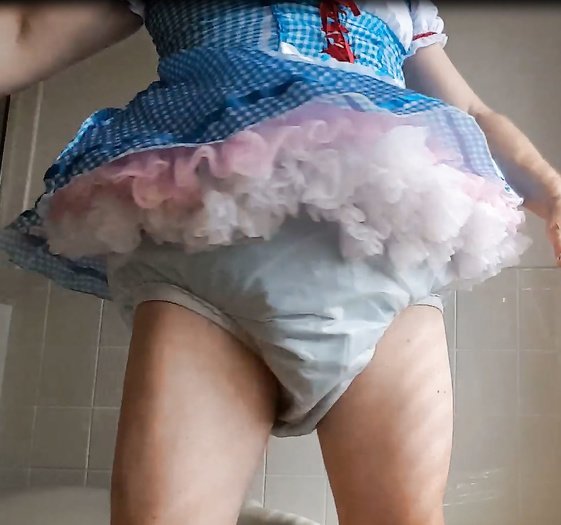 ABDL diapered sissy in pretty blue dress