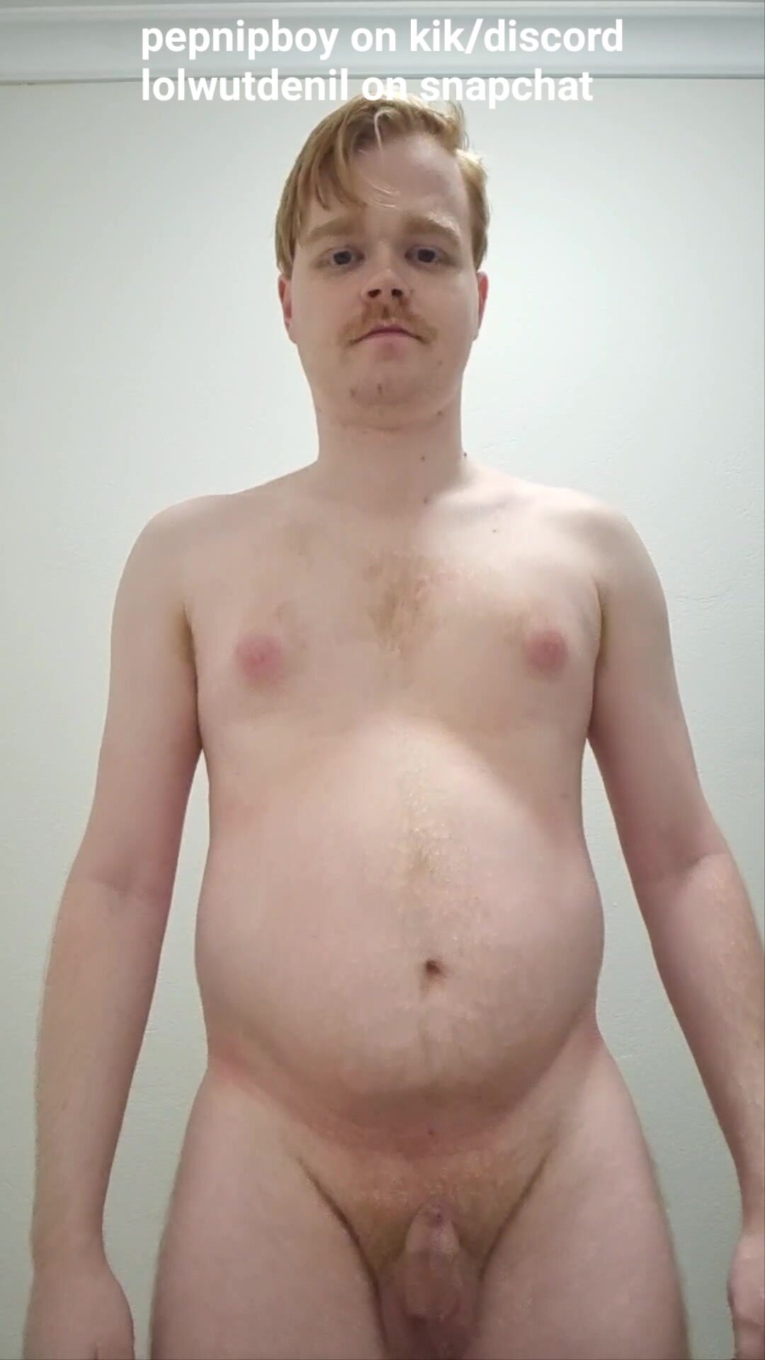 Fat ginger boy jiggling his belly and small uncut cock
