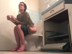 Girl Pees & Lets Out Tiny Fart In Toilet In Flip Flops