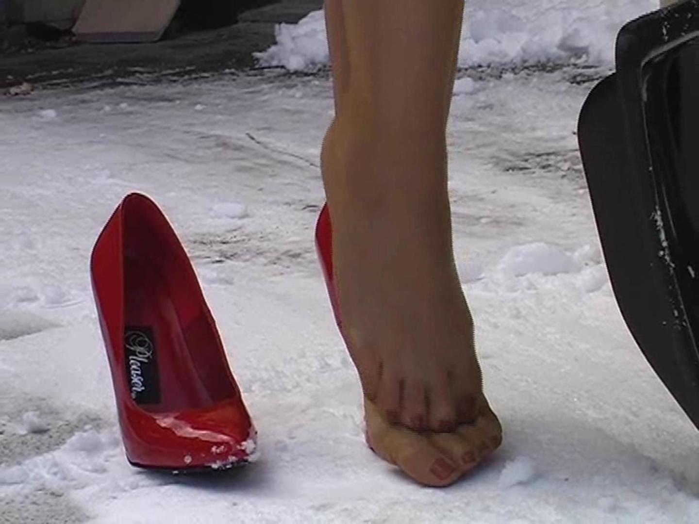 Nylon feet, high heels, shoveling snow?
