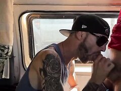 Inked Aussie redneck sucks a stranger off in his camper
