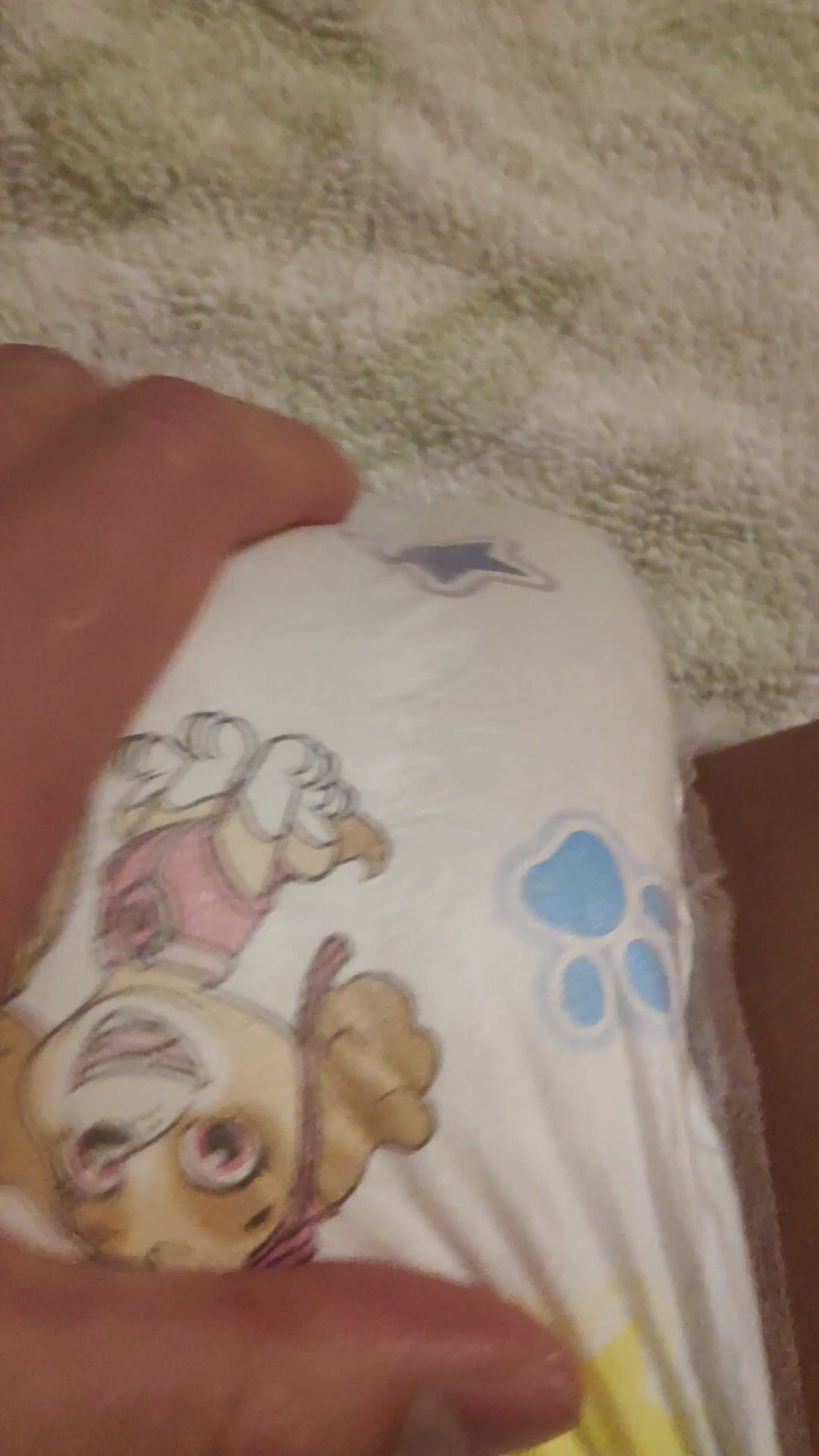 Keeping Rubbing my pee soaked patrol Paw Pampers diaper