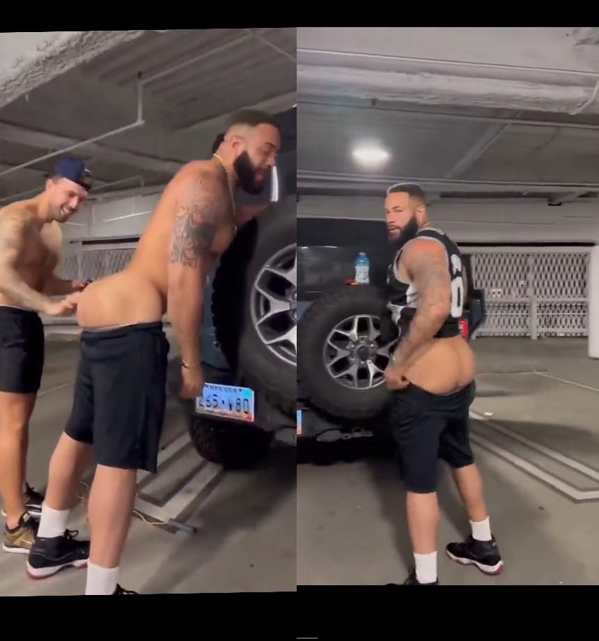 Muscular basketball player shows his ass Outdoors