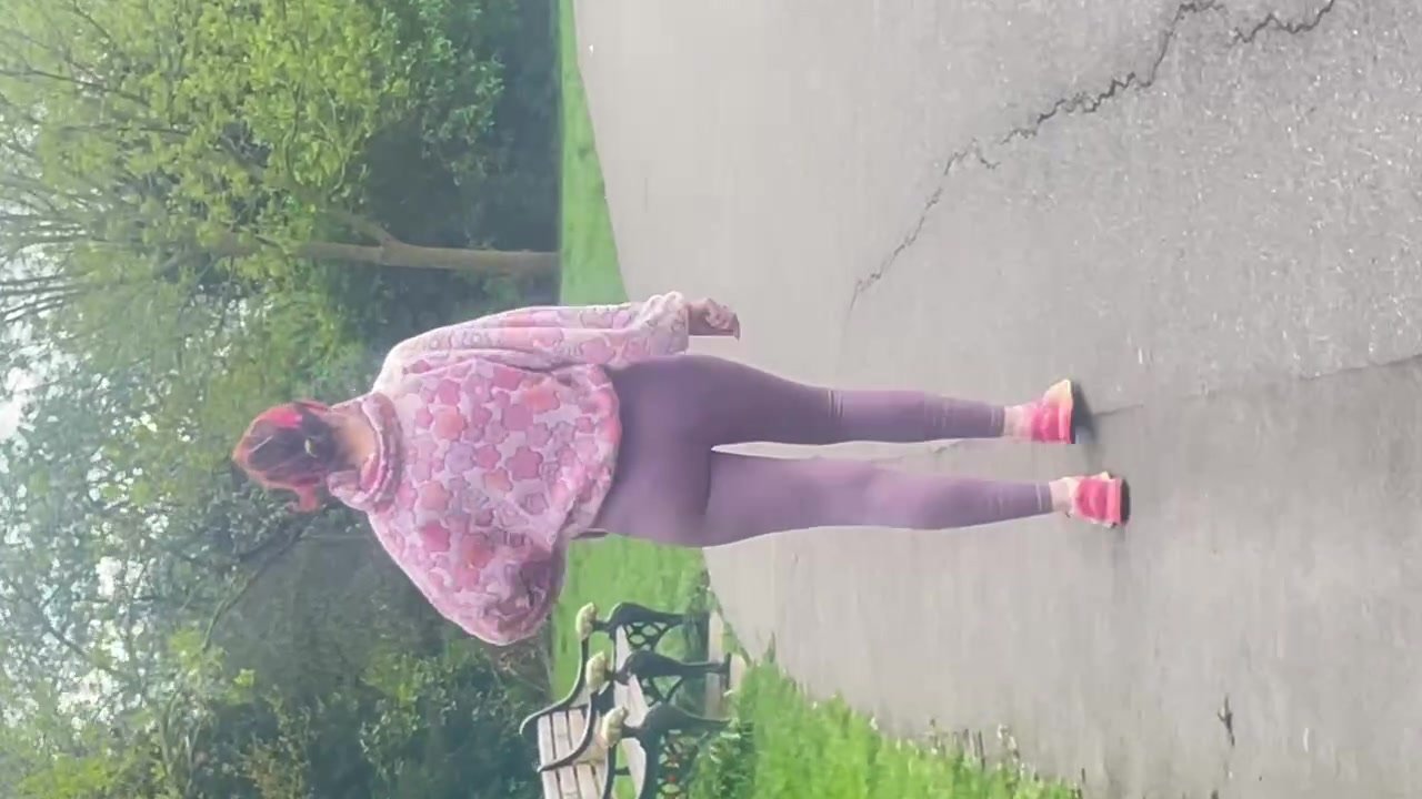 Milf walking in purple leggings