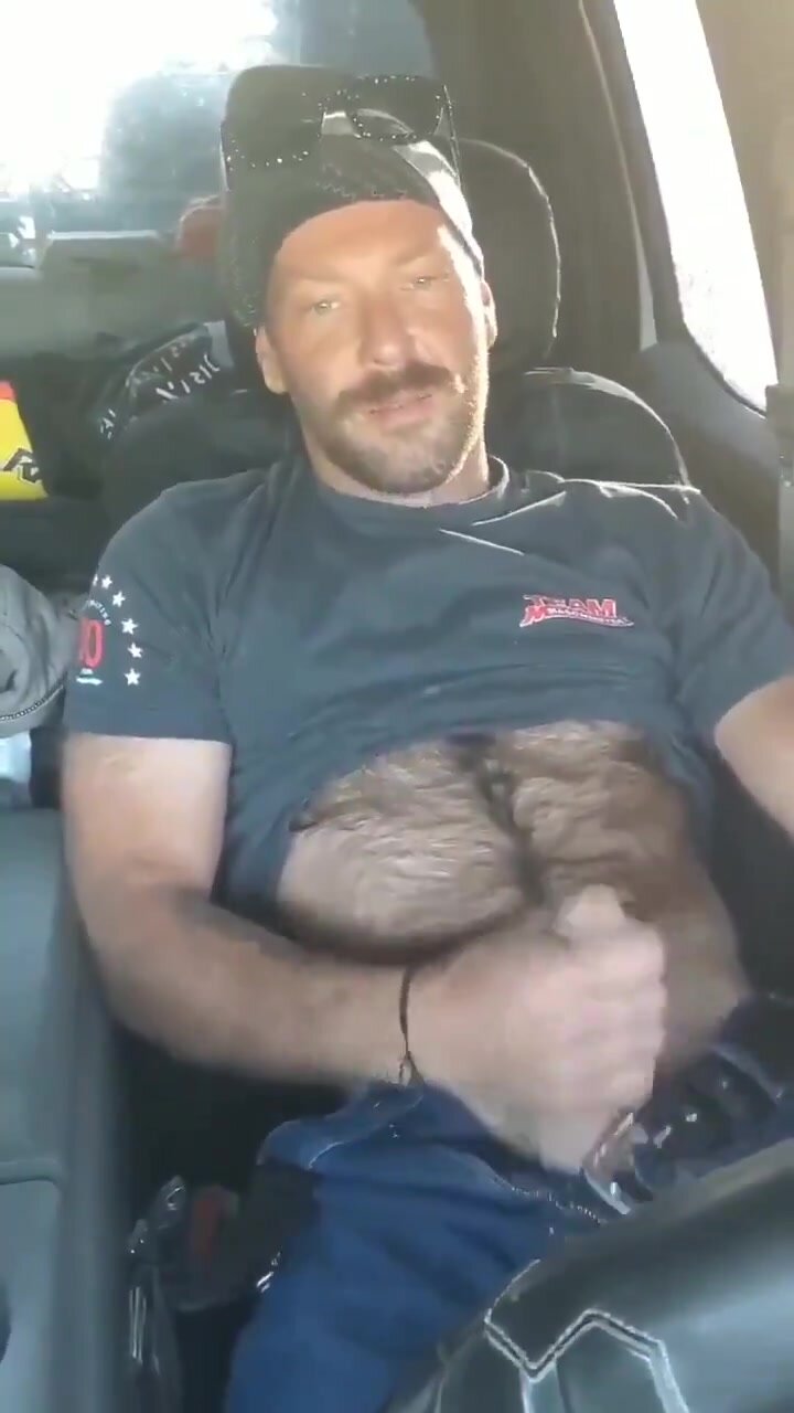 Hot hairy alpha jerking big dick in truck while driving