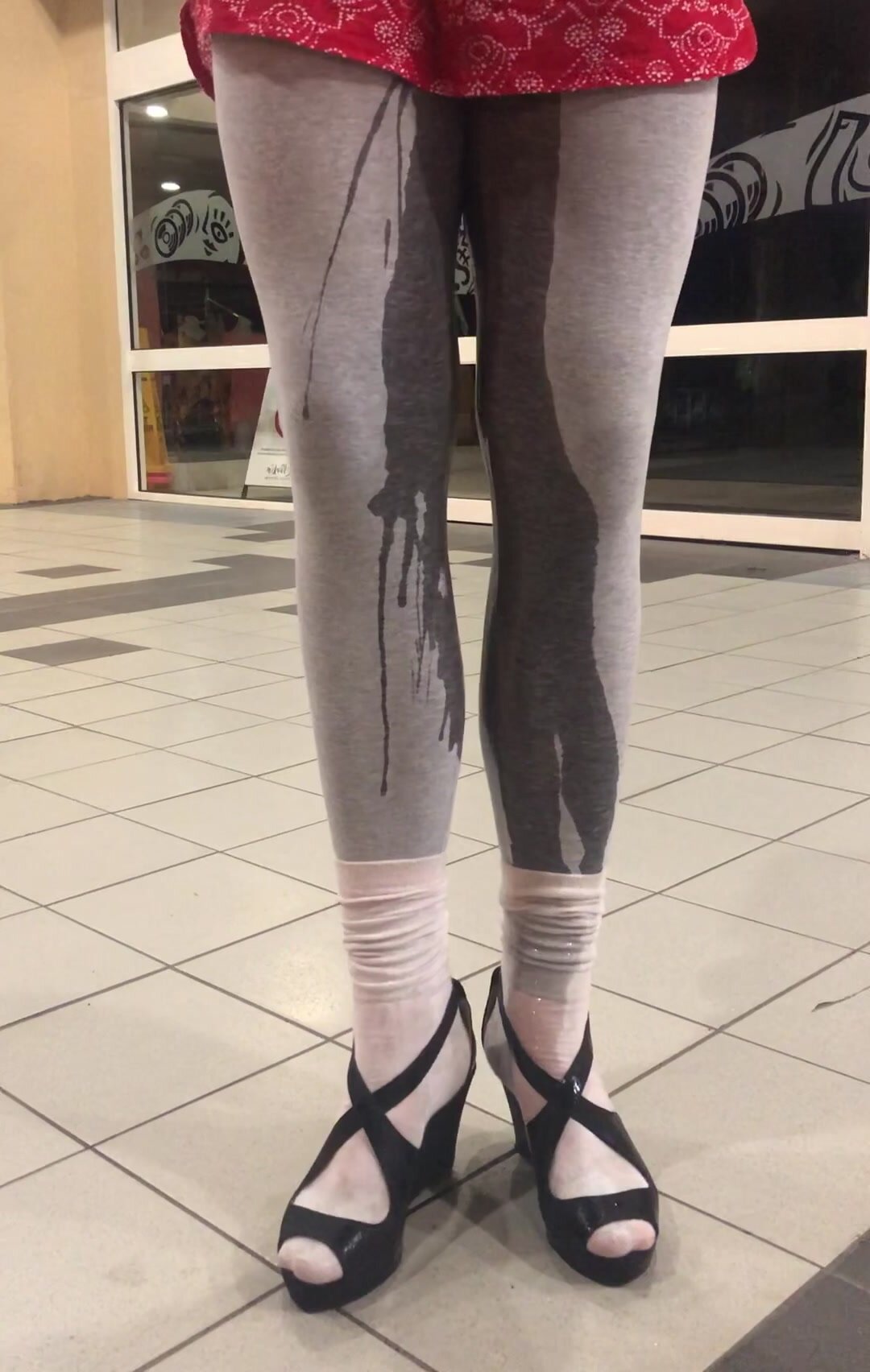 Wetting Grey Leggings in Public