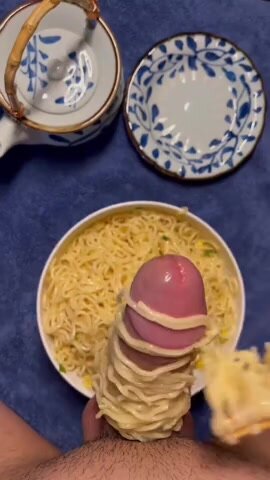 Noodles taste better with hot cum from large uncut cock