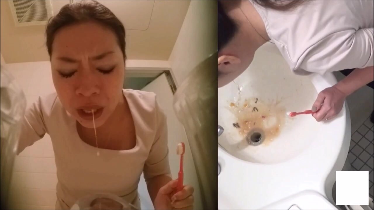 Asian Lady Pukes While Brushing Teeth