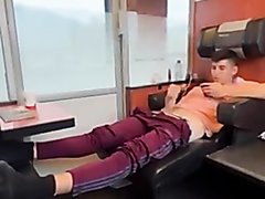 Muscle twink jerks in a public train and cums