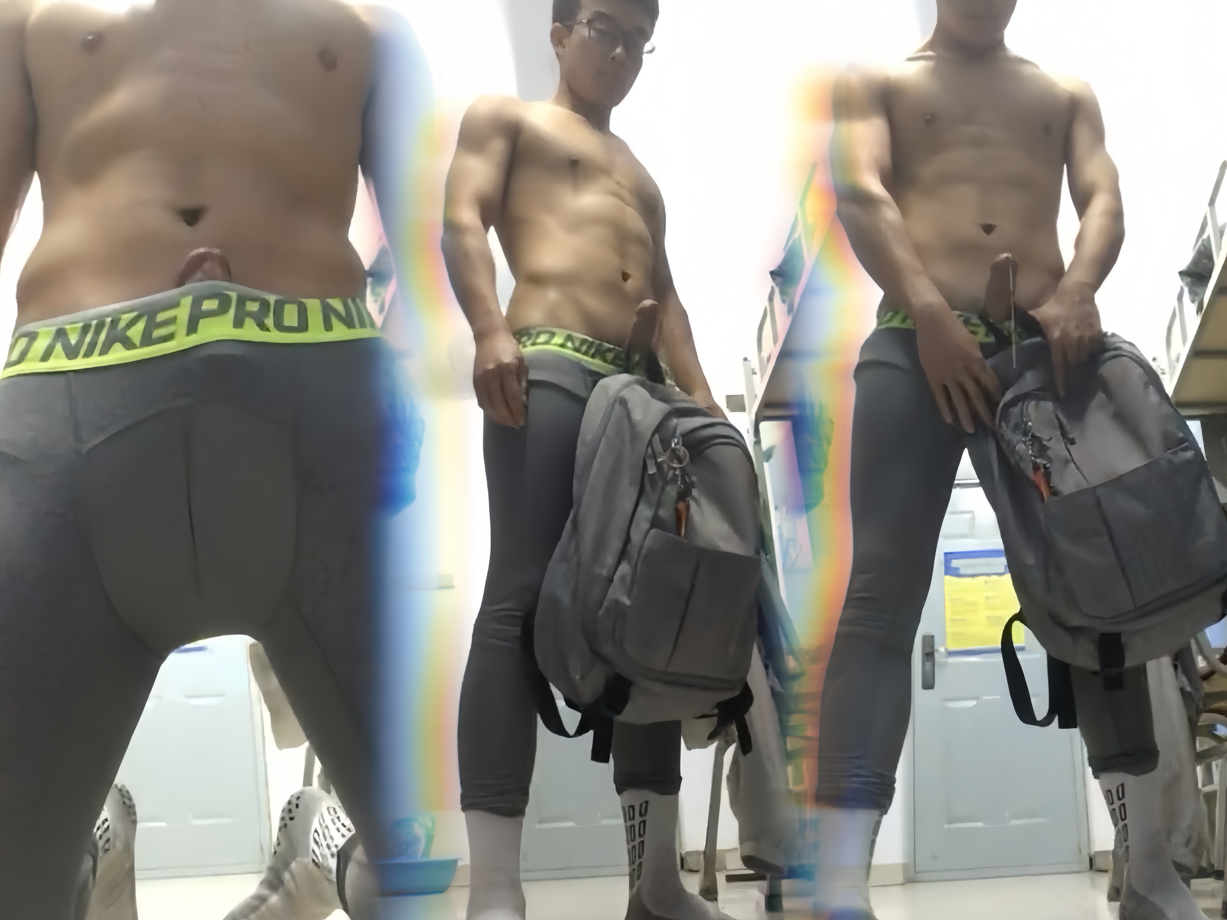horny chinese jock holding schoolbag with hard cock