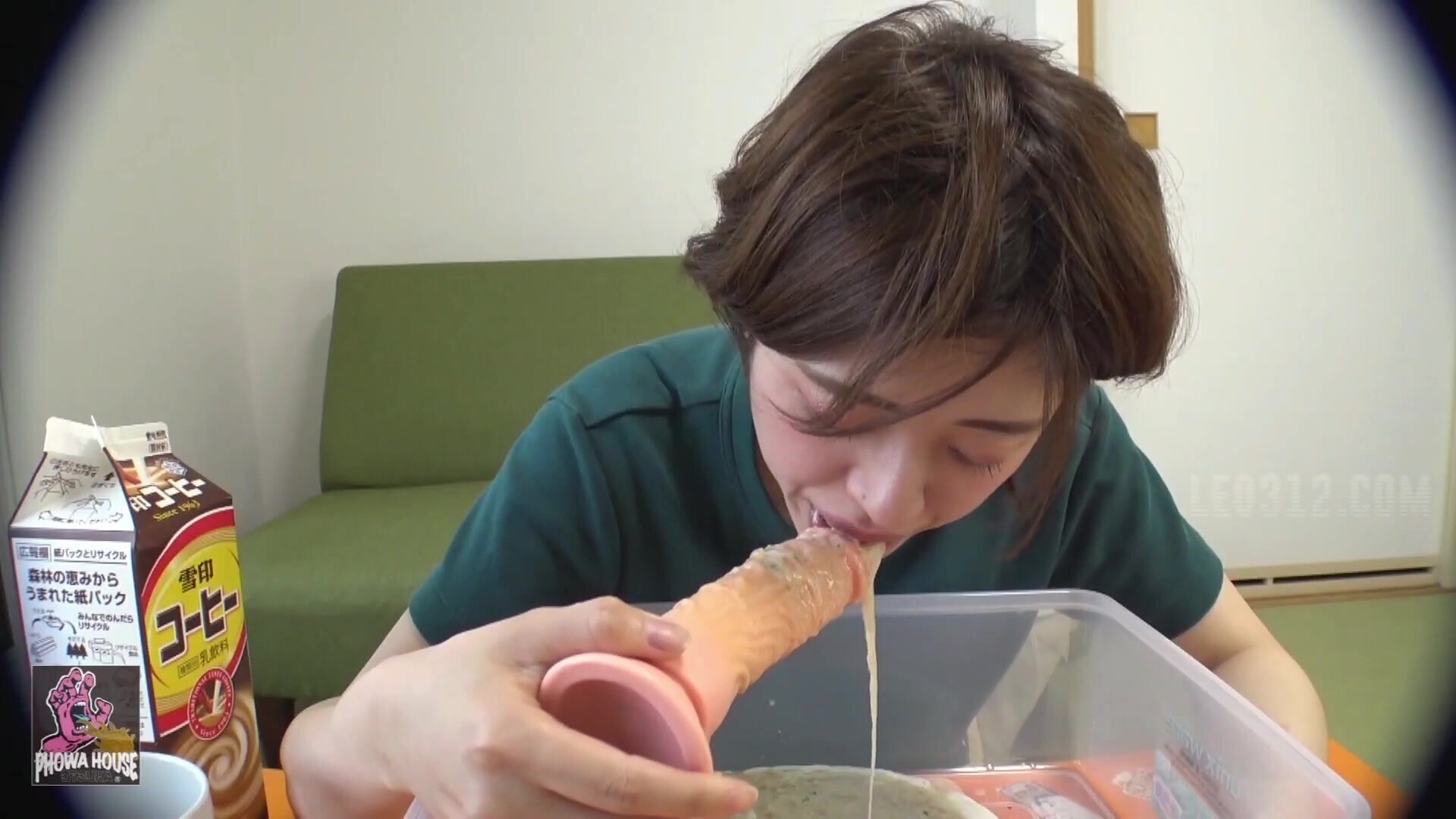 Sick japanese girl puking on a dildo