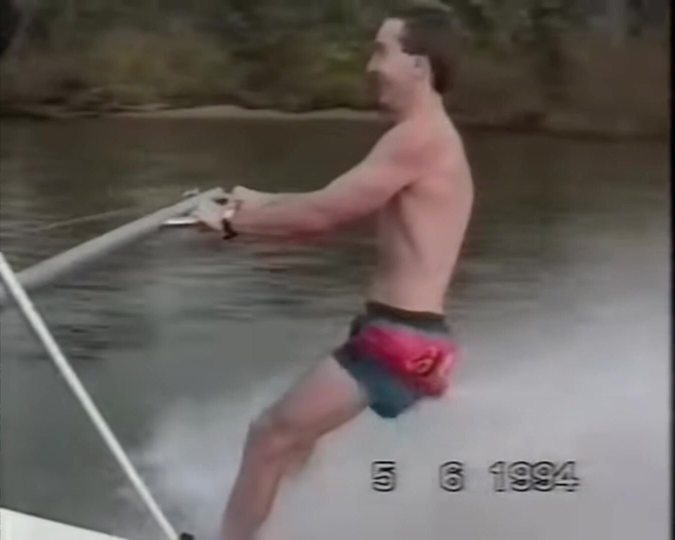 Swim trunks pulled off while water skiing