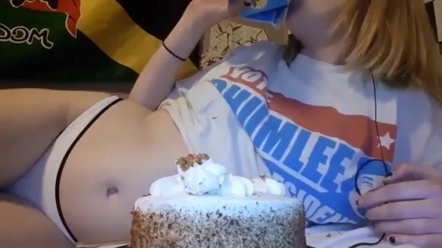 sexy girl cake belly stuffing