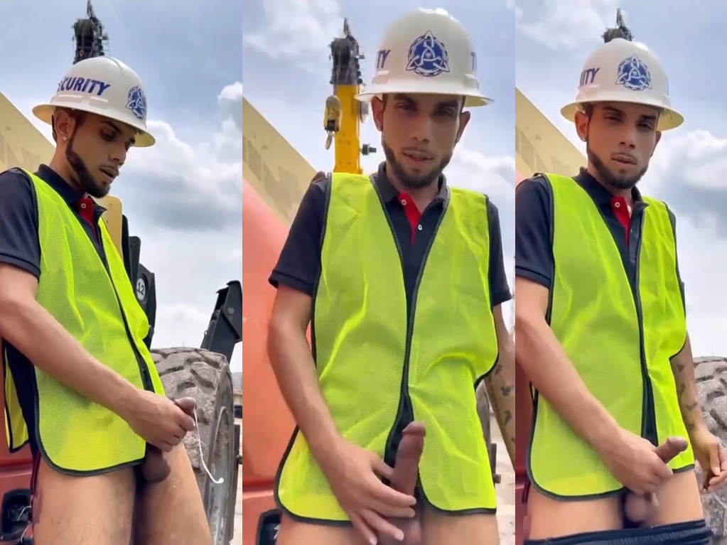 Young Construction worker cums in public