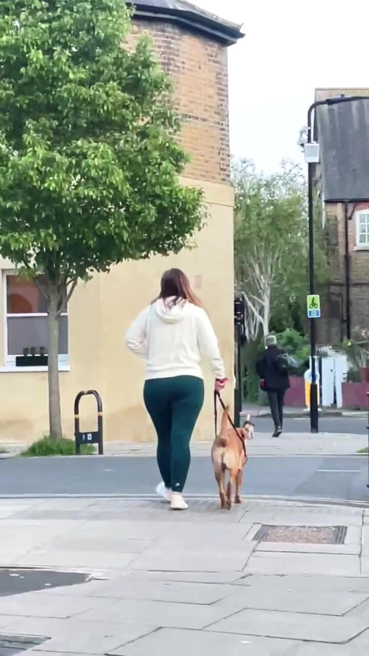 Sexy redhead walking the dog