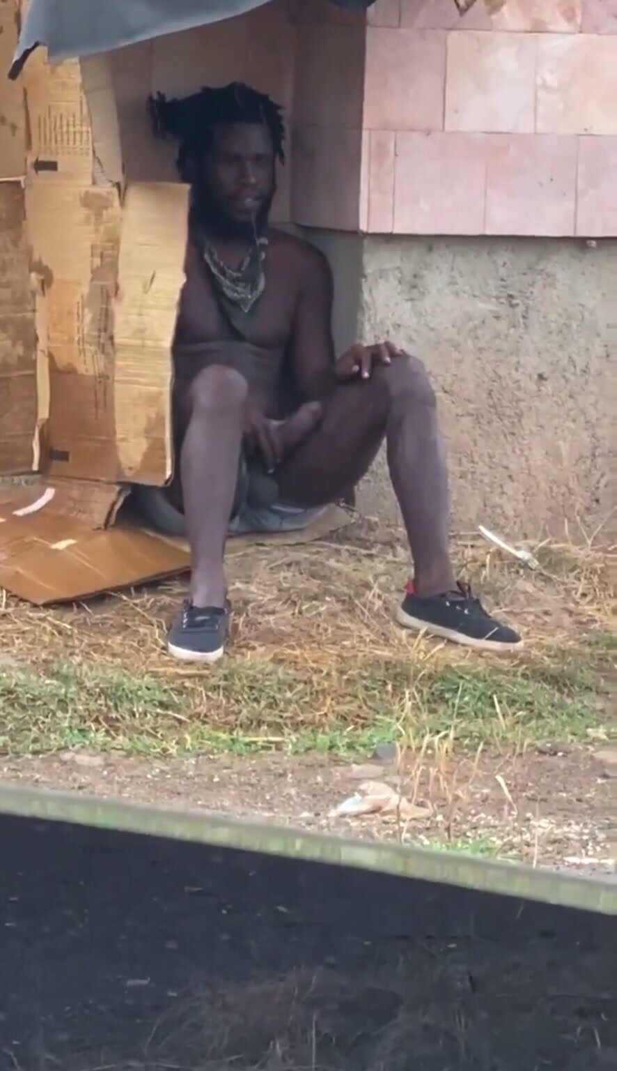 Hung homeless Jamaican wanking outside
