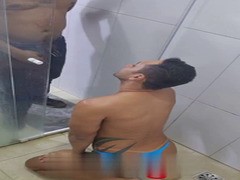 sub fag gets pissed on and sucks cock