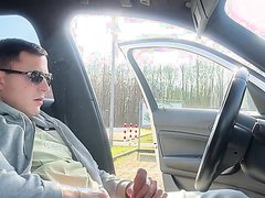 Horny guy in car, pulls over, smokes, wanks and cums