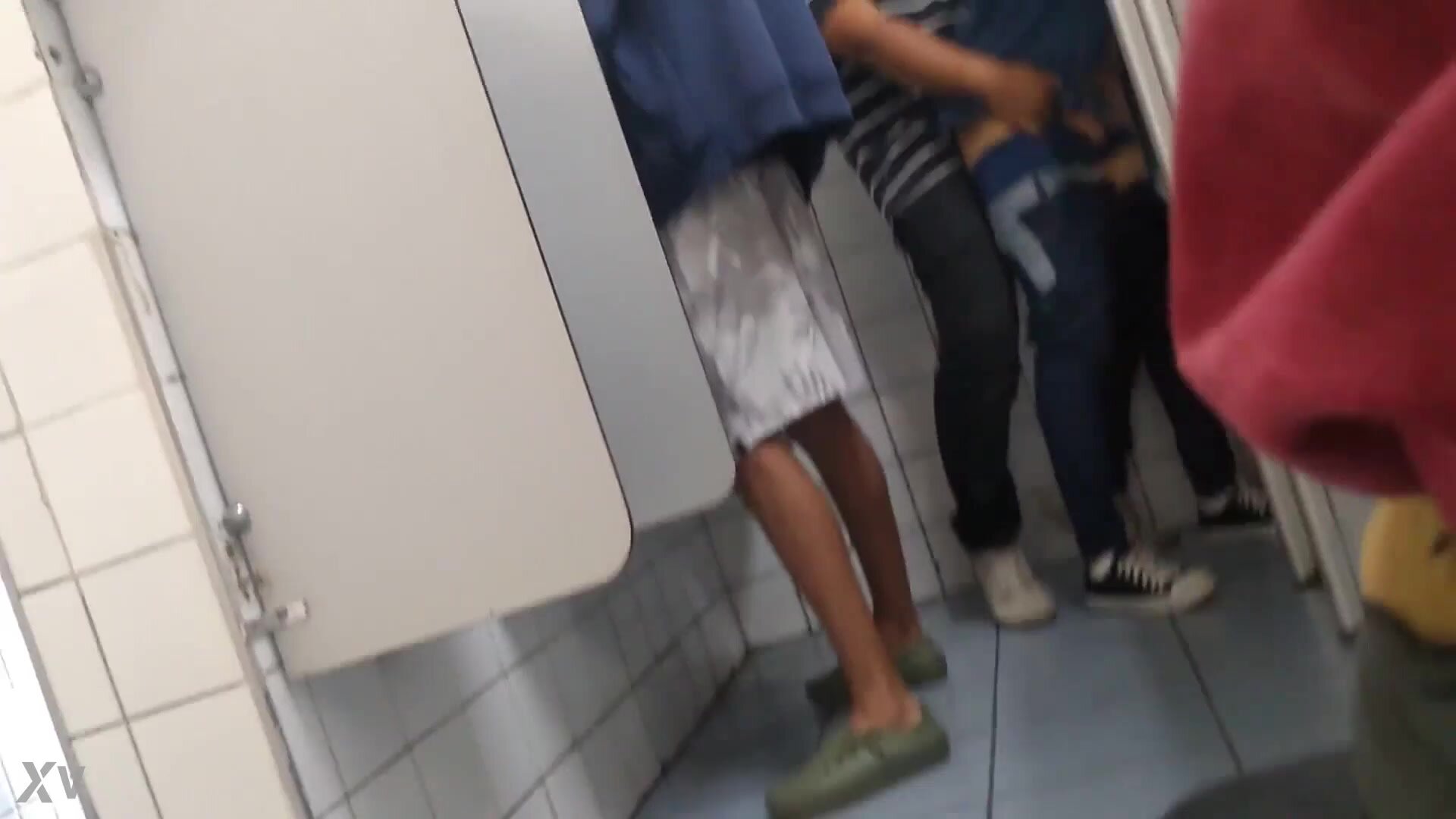 Creampied in Public Toilet while Watcher Cums