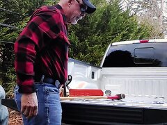Str8 redneck grampa smokes & shows fat dick at truck