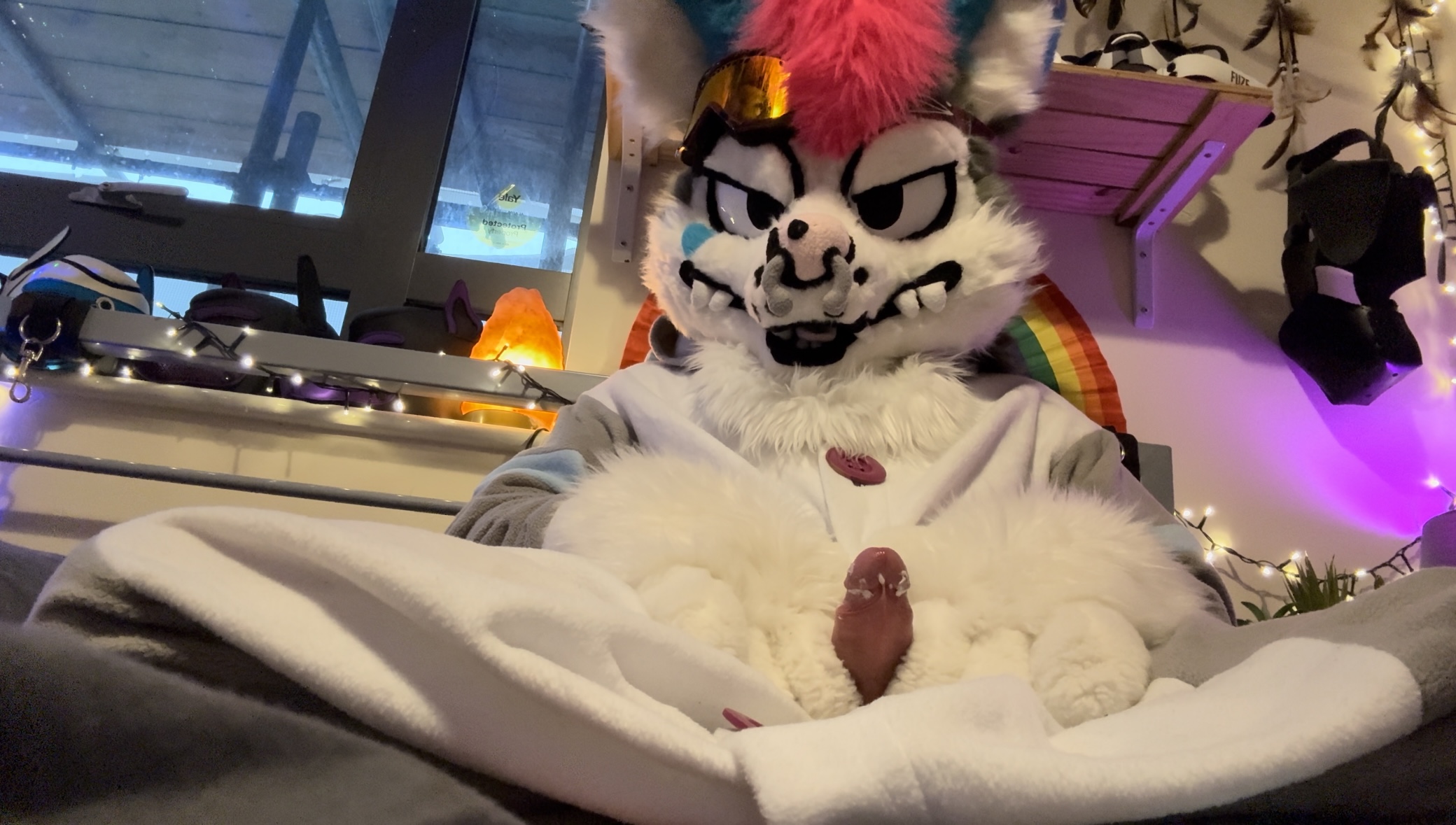 Fursuiter plays with smelly, cheesy cock