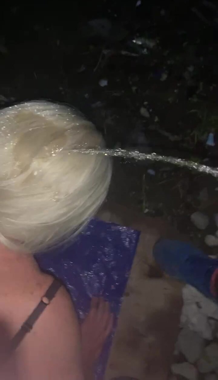 Toying outdoor CD dirty asspussy then piss on wig