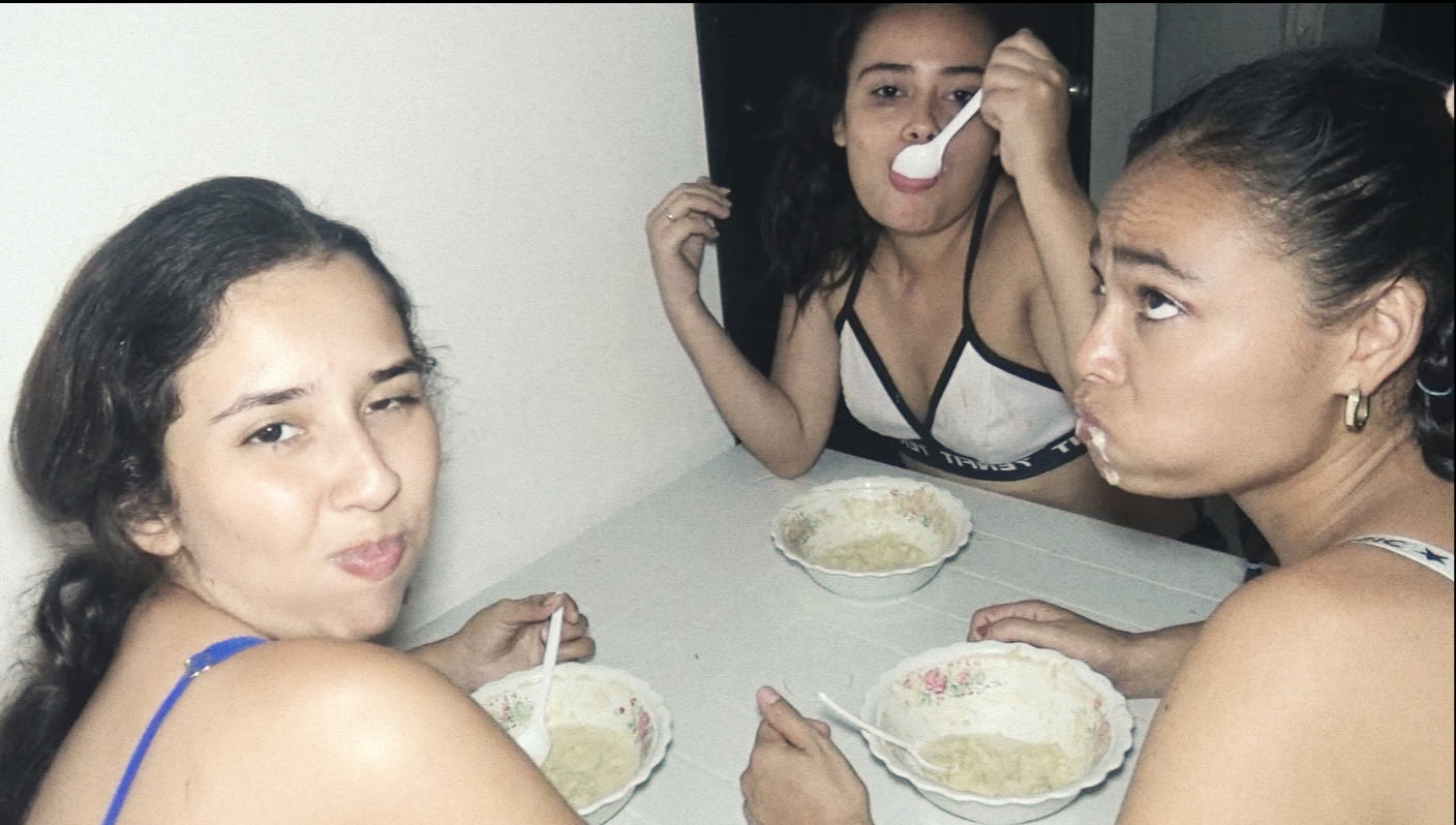 3 Sisters cooking and eating some porridge for dinner