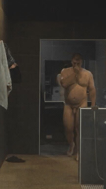 Grumpy chubby foreign man walks naked in Asian Onsen