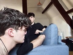 Submissive twink worships master's sweaty feet