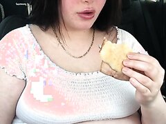 Beautiful Woman Stuffs her Obese Belly in Car and Chats