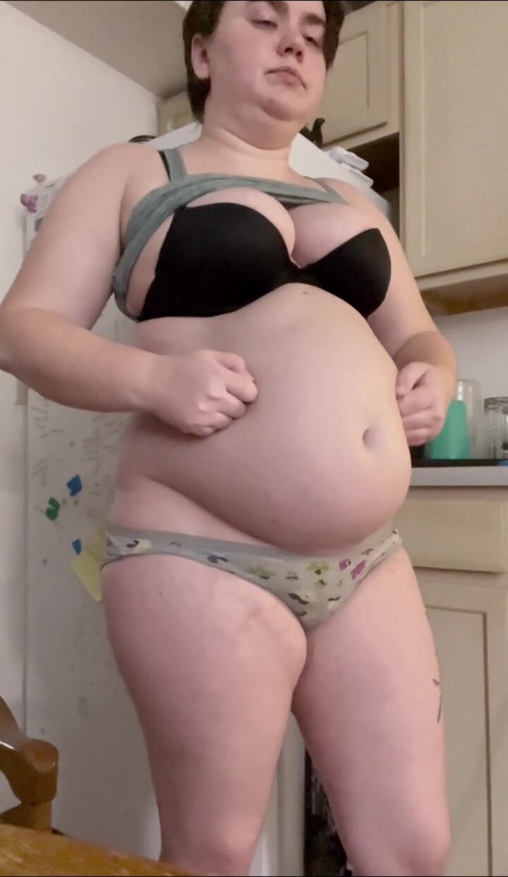 white chubby girl show her fat big bloat belly 5