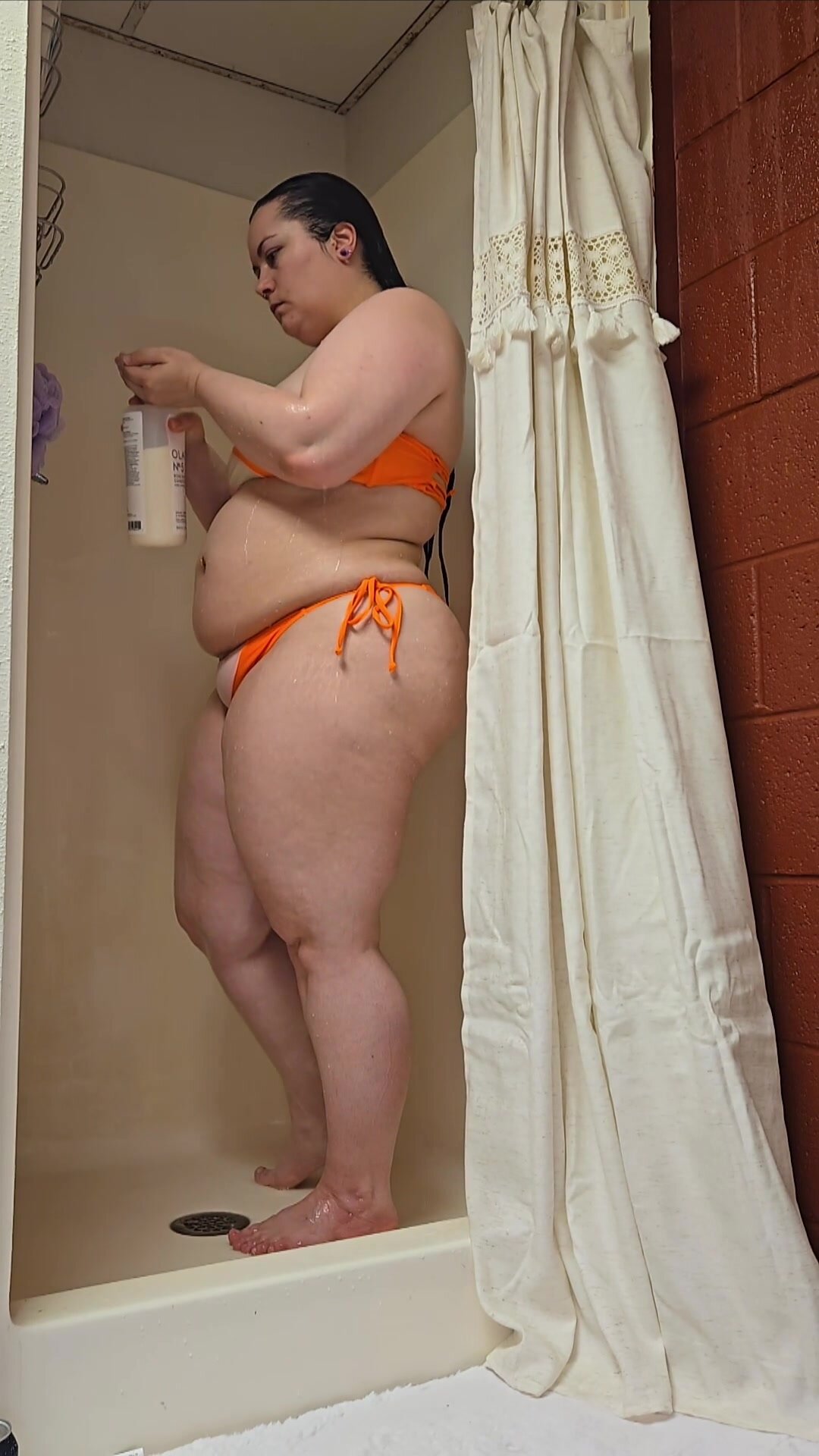 Big belly and ass burp in shower