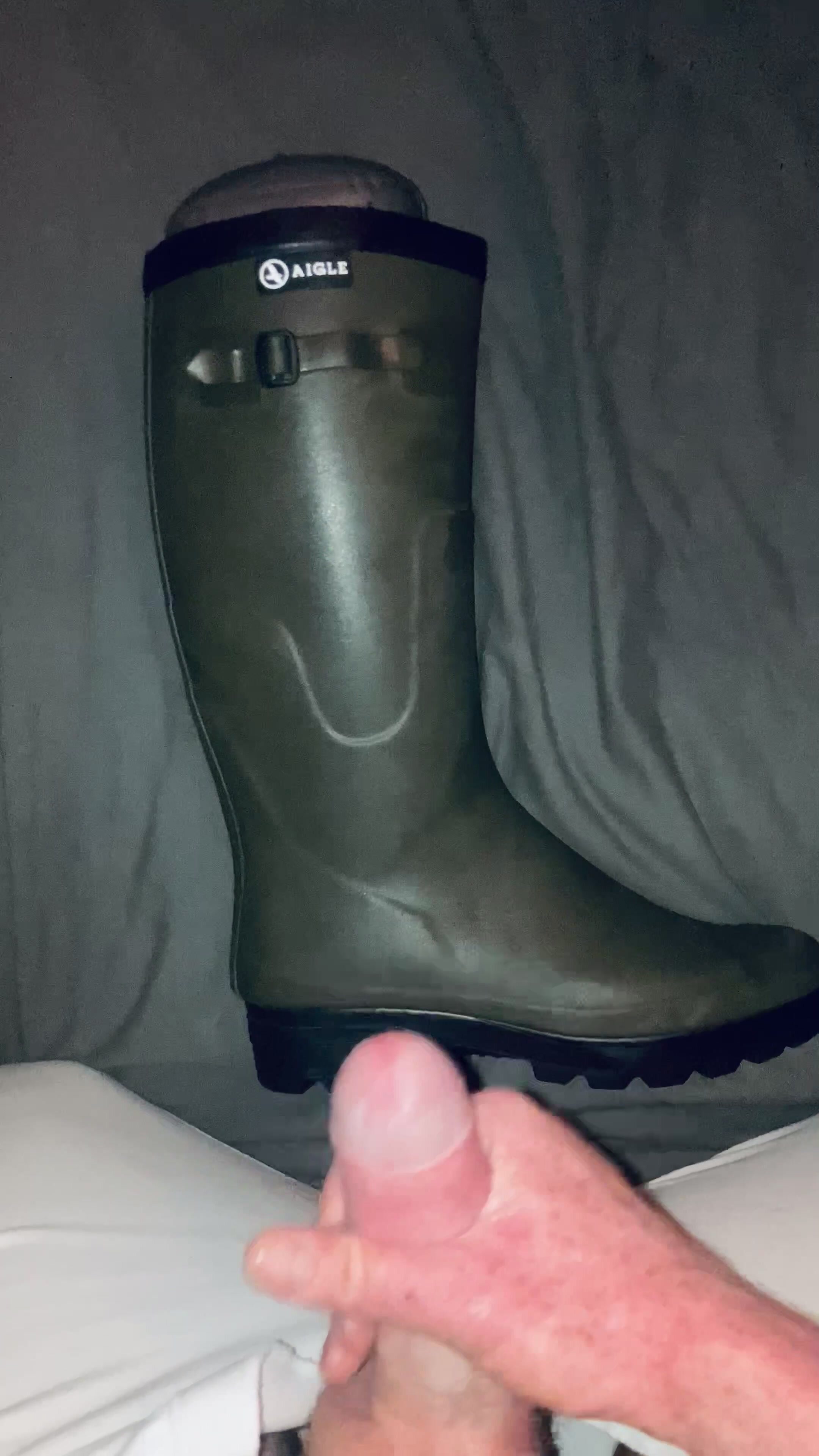 Rider boy cums on Aigle rubber boots