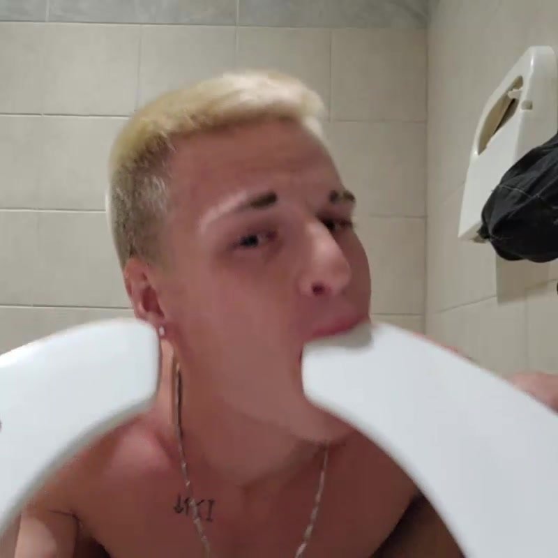 Blond twink licks toilet