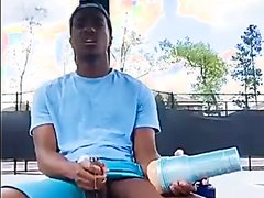 Hot black guy jerks his big cock and cums