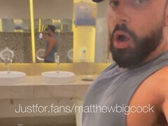 Exhibitionist jerking in a restroom, cumming outside