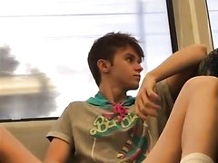 young blond twink masturbate and show ass in train