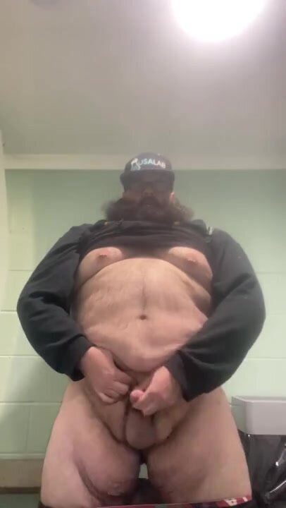 fat beaded slob jerks off in restroom