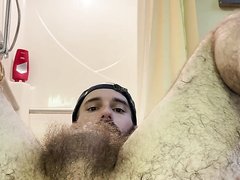hairy guy spreads arse and pumps out his sweet load