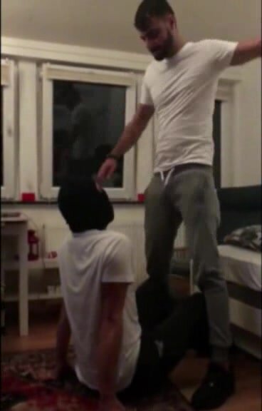 Brutal master beats his slave by kicking and stomping