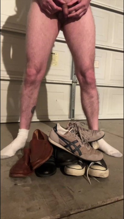 Pissing  and cumming on a pile of shoes