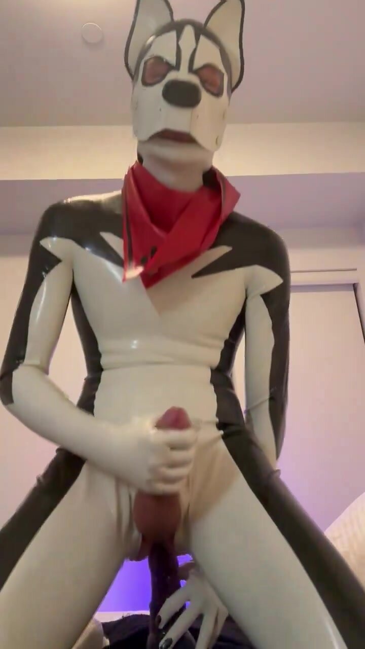 Gay Twink Rubber Pup Rides Horsecock Dildo