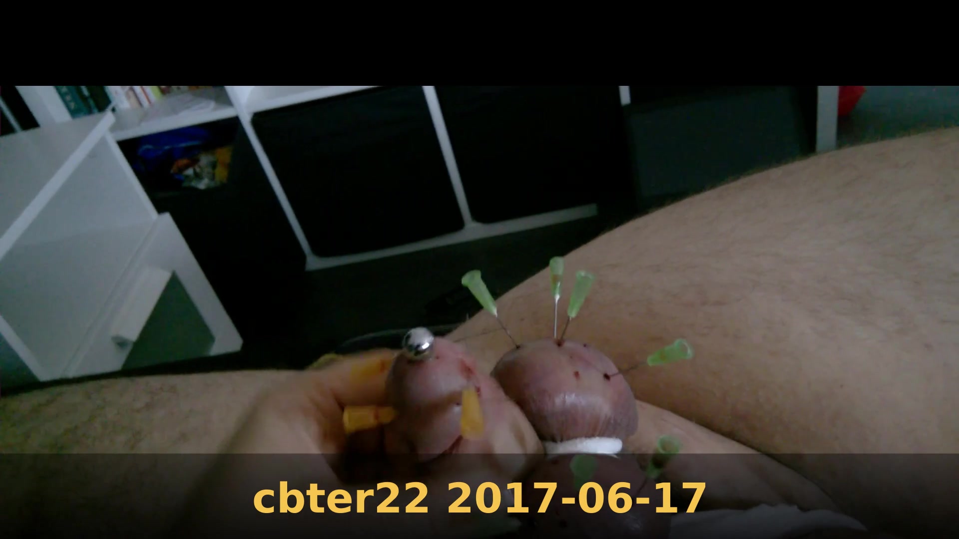 Stroking and cumshot with needles