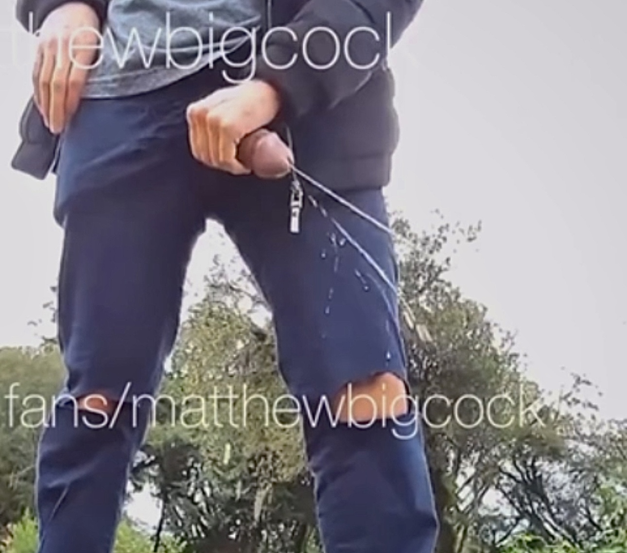 Huge cumshot in public on torn jeans