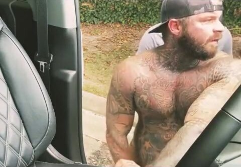 Tatted bear pig cruising in car getting fucked by Asian