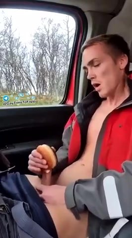 Hungry for himself eats his cum drenched food