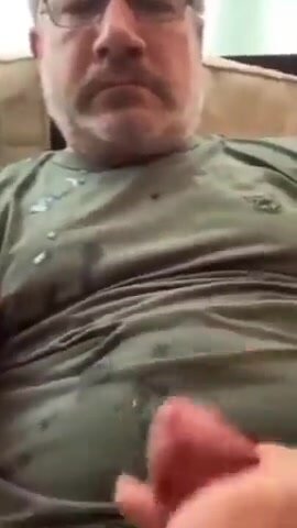 Dad with load on shirt shoots load and swallows it
