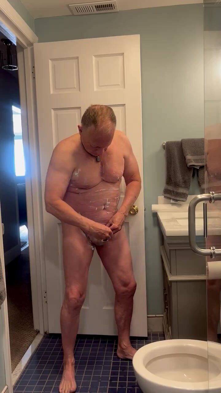 Daddy faggot is ... to shave his small cock & balls